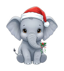 Cute cartoon baby elephant with festive mood wearing a Santa hat and holding a Christmas gift against a transparent background