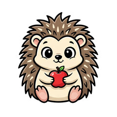 Cute cartoon hedgehog with happy mood holding a red apple against a transparent background