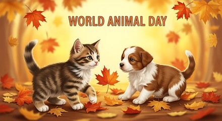World Animal Day Celebration: A heartwarming illustration featuring a playful kitten and a cheerful puppy, surrounded by autumn leaves and celebrating World Animal Day.