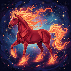 Mythical fiery horse with magical mood galloping through starry cosmos against a celestial background