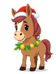 Cute cartoon horse with cheerful mood wearing a Santa hat and Christmas wreath against a white background