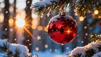 Fototapeta premium A vibrant red Christmas ball ornament dusted with fresh snowflakes, hanging gracefully from a frosted evergreen branch. Christmas, Christmas Tree, Merry Christmas, Christmas Background