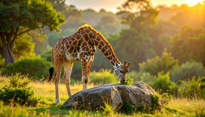 Giraffe grazing at sunset