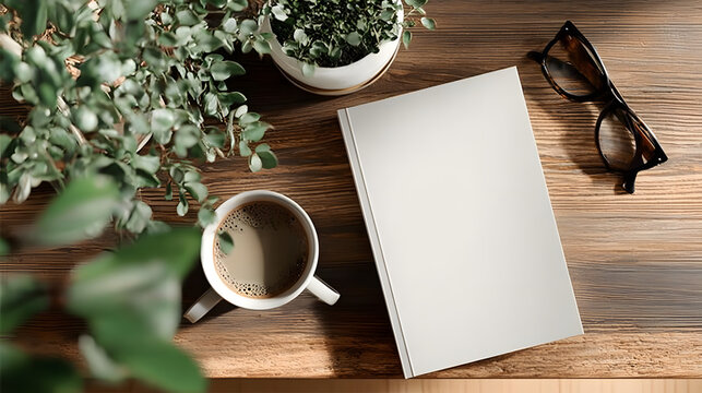 Top down view flat lay with white soft cover book mockup coffee mug glasses and blurred plant in the foreground on a brown wooden table Customizable template with concept of literature : Generative AI