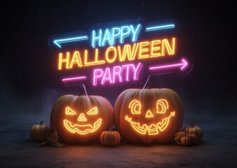 halloween pumpkins illuminated in front of a neon sign with the text "Happy Halloween Party" and below is another arrow pointing to the right that says on it Generative AI
