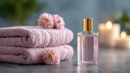 Luxury Spa Cosmetic Bottles Wellness Background with Pink Towels Candles and Flowers in Soft Light Arrangement