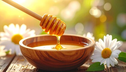 Honey dripping from dipper into wooden bowl amongst daisies