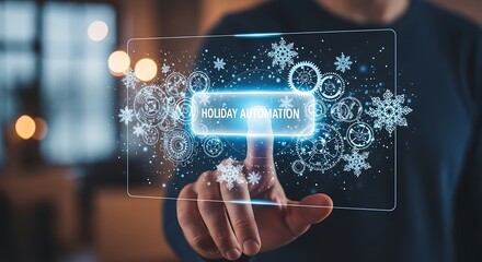 Digital Holiday Automation: A futuristic composition showing a person interacting with a digital screen that showcases a holiday automation concept.