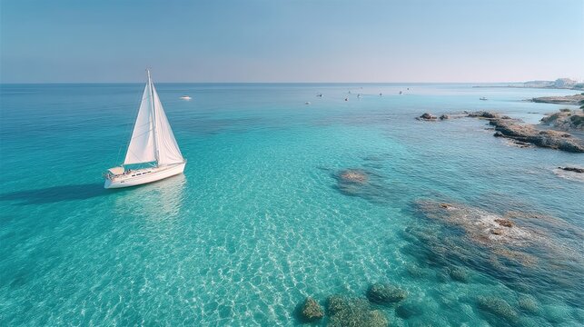 Luxury White Sailboat Sailing in Turquoise Sea Aerial View with Rocky Shoreline Under Clear Sky at Bright Day