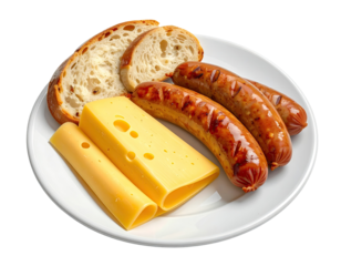 Plate of grilled sausages, bread slices, and cheese