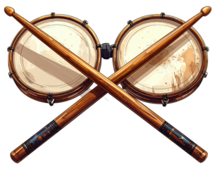 Two crossed drum sticks over a pair of drums