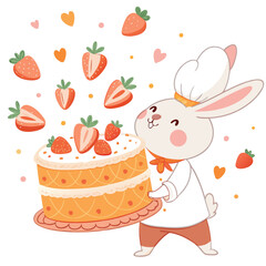Cute cartoon rabbit chef holding a delicious strawberry cake.