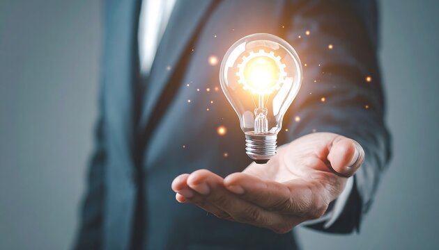 Innovative holographic light bulb icon in businessman hand for corporate creativity
