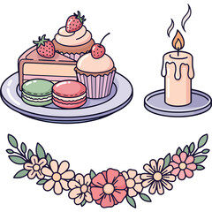 Kawaii style vector clip art collection with sweet food, pastries, a burning candle, and a floral border