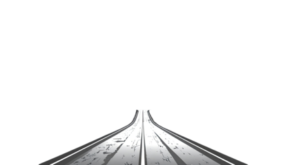 A grayscale perspective view of a road extending into a dark space. The road is textured with subtle lines, suggesting a long, straight pathway