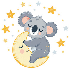 A cute cartoon koala is sleeping on a crescent moon with stars.