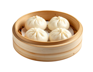 Four steamed buns in a bamboo steamer (1)