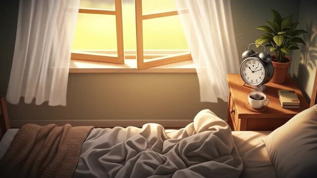 Bedroom scene open window bed ringing alarm clock on nightstand with coffee book and plant