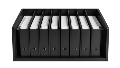 Eight black file folders, evenly spaced, sit in a black, compartmentalized storage unit.  Organized, tidy, and efficient.  A top view