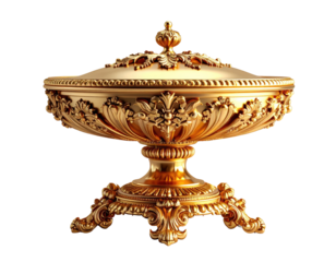 Ornate golden bowl with ornate lid and base