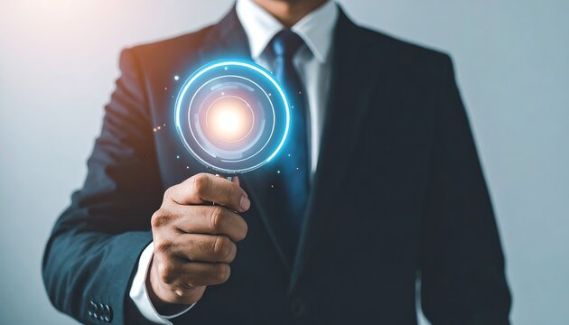 Futuristic holographic magnifying glass icon touched by businessman hand for innovation and technology concept