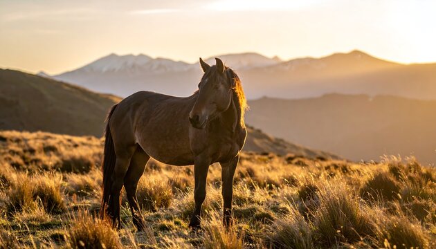 Majestic horse at sunrise in a mountain meadow