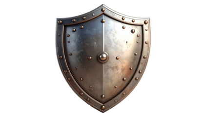 Metal shield,  vintage style,  ancient,  protection,  defense.  Etched,  studded,  polished,  gray,  dark,  isolated