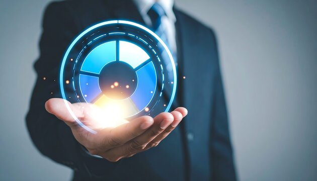 Businessman holding holographic pie chart icon symbolizing modern data analytics