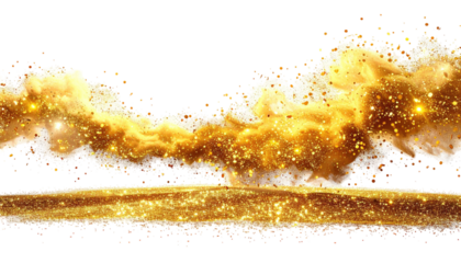 Gold cosmic explosion, ethereal and dramatic.  A golden, sparkling nebula, or cloud, erupts from a flat gold surface against a black backdrop.  Particles and glitter details add texture