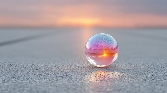 Macro Cinematic Floating Soap Bubble Reflecting Glowing Sunset on Gray Textured Surface with Vibrant Colors and Reflections Creates a Dreamlike Atmosphere