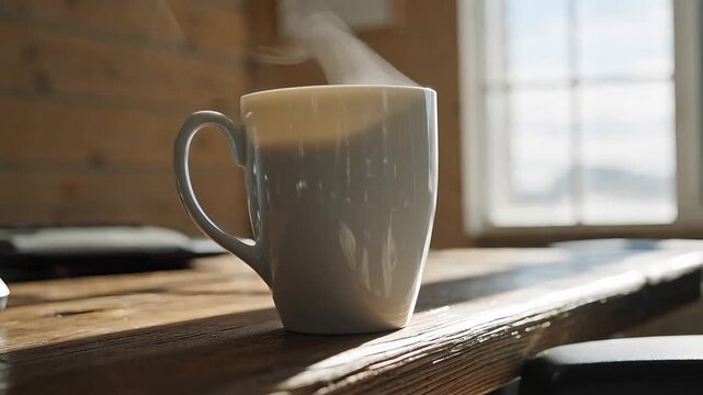 White ceramic mug with hot steaming coffee on a wooden desk with morning sunlight from a window