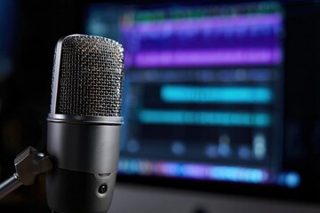 Microphone capturing sound for podcasting or broadcasting, with audio track editing software visible on a computer screen