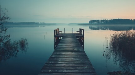 Fototapeta premium Serene Lake Dock: Peaceful Sunrise, Calm Water, Wooden Pier