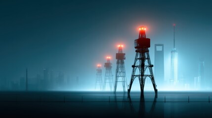 Shanghai Cranes Silhouette | Foggy Cityscape | Blue Industrial