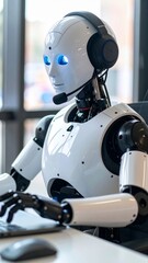 Sleek white robot with headset and glowing blue eye typing on a laptop in a bright, modern office. Generated image