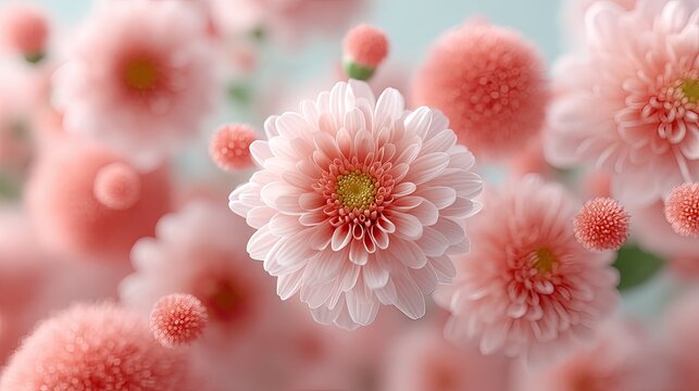 Macro Close Up of Delicate Pink Chrysanthemum Flowers with Soft Focus Against a Light Blue Background in Natural Light