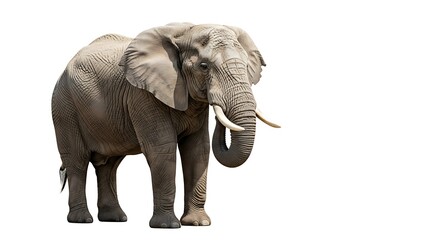 Full-Body View of Adult Elephant Standing on White Background with Large Ears, Curved Tusks, and Textured Gray Skin