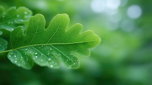 Macro Close Up of Green Leaf Veins with Water Droplets Nature Background