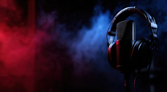 Microphone with headphones in dark studio, featuring red and blue smoke, symbolizing audio production and podcasting