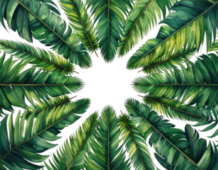 Circular pattern of vibrant tropical leaves framing a dark center