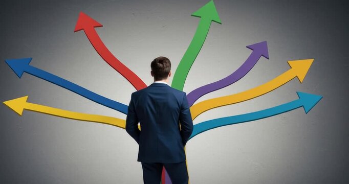 Businessman contemplating multiple career paths ahead