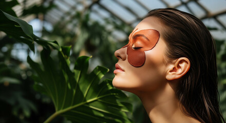 A woman with under-eye patches relaxes in a lush green environment, a perfect visual for natural skincare, self-care, and beauty treatments