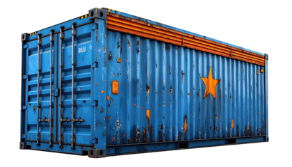 Rusty blue shipping container, angled view.  Orange stripes.  Star decal