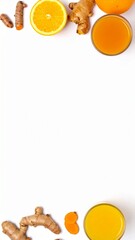 Vibrant yellow turmeric lemon drink in a bottle, surrounded by fresh lemons and turmeric root on a white marble surface. Generated image