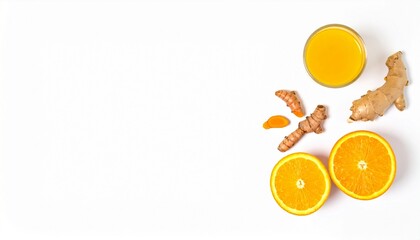 Vibrant yellow turmeric lemon drink in a bottle, surrounded by fresh lemons and turmeric root on a white marble surface. Generated image
