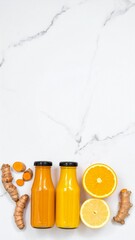 Vibrant yellow turmeric lemon drink in a bottle, surrounded by fresh lemons and turmeric root on a white marble surface. Generated image