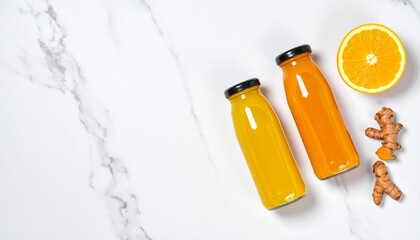 Vibrant yellow turmeric lemon drink in a bottle, surrounded by fresh lemons and turmeric root on a white marble surface. Generated image