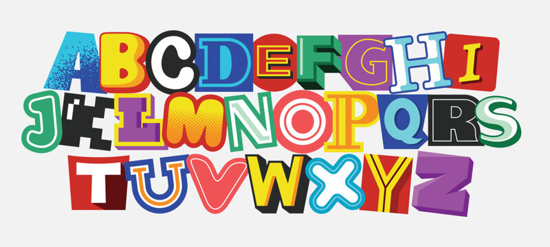 Colorful alphabet random letter shapes. Abstract capital letters for creative design.