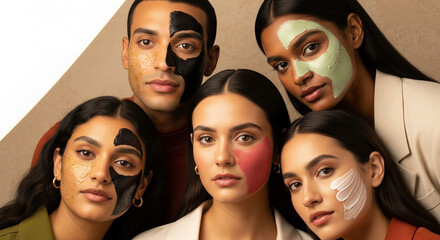 A diverse group of individuals with various cosmetic face masks, showcasing a collective beauty and skincare routine, a perfect visual for inclusivity