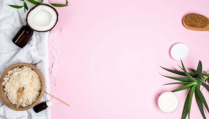 Flat lay of natural skincare ingredients: coconut oil, essential oils, and fresh coconut on white with copy space.